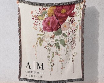 Personalized Wedding Blanket, Floral Bouquet Throw, Cotton Anniversary Gift