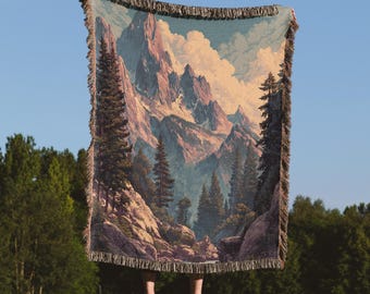 Mountain  Woven Blanket, Nature Forest Tapestry Throw, Rustic Outdoor Decor, Cozy Landscape Tapestry, Camping Lifestyle Blanket
