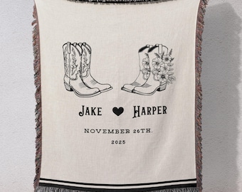 Personalized Rustic Blanket with Names & Date, Cowboy Western Style Throw for Couples, Wedding, Anniversary, Engagement or Valentine’s Gift