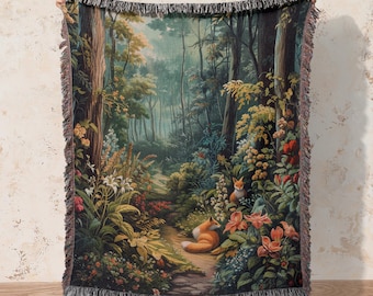 Countryside Foxes Woven Blanket, Woodland Forest Nature Throw, Rustic Landscape Tapestry for Home Decor, Enchanted Forest Tapestry Throw