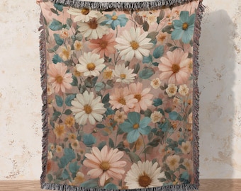 Wildflower Woven Blanket, Cottagecore Floral Cotton Throw, Vintage Botanical Decor Gift for Mom or Grandma, Floral Tapestry, Garden Lovers