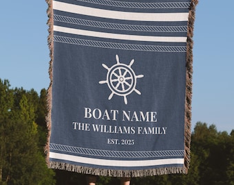 Custom Boat Name Woven Blanket, Personalized Boat Wheel Nautical Throw, Coastal Lake House Decor, Beach Or Yacht Gift For Boat Owners