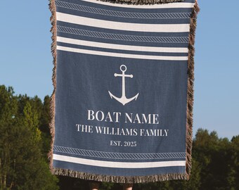 Custom Boat Name Woven Blanket, Personalized Nautical Throw, Anchor Coastal Decor, Beach Or Lake House Gift, Navy Blanket For Boat Owners
