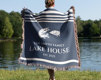Lake House Decor Woven Blanket, Custom Family Name Throw, Fishing Gift For Dad, Beach Or Lake Housewarming Blanket For Owners