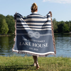 Personalized Lake House Woven Blanket, Custom Family Name Blanket, Nautical Home Throw Blanket, Gift for Lakehouse Owner, Nautical Tapestry