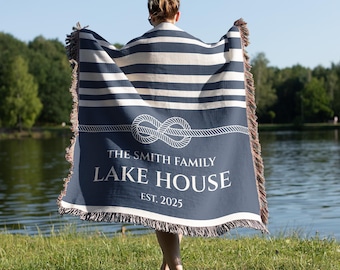 Personalized Lake House Woven Blanket, Custom Family Name Blanket, Nautical Home Throw Blanket, Gift for Lakehouse Owner, Nautical Tapestry