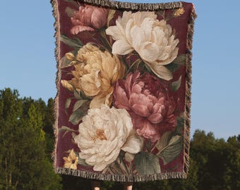 Floral Woven Throw Blanket, Botanical Cotton Tapestry