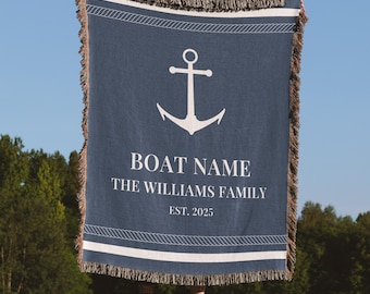 Captain Gift Personalized Boat Woven Blanket, Custom Nautical Throw with Name and Location, Sailor or Boat Owner Gift, Coastal Throw Blanket