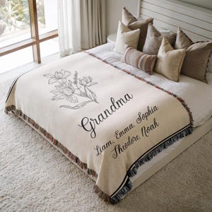 Personalized Grandma Throw Blanket, Custom Floral Woven Blanket, Nana or Mimi Tapestry Throw with Grandkids Names, Gigi Birthday Gift