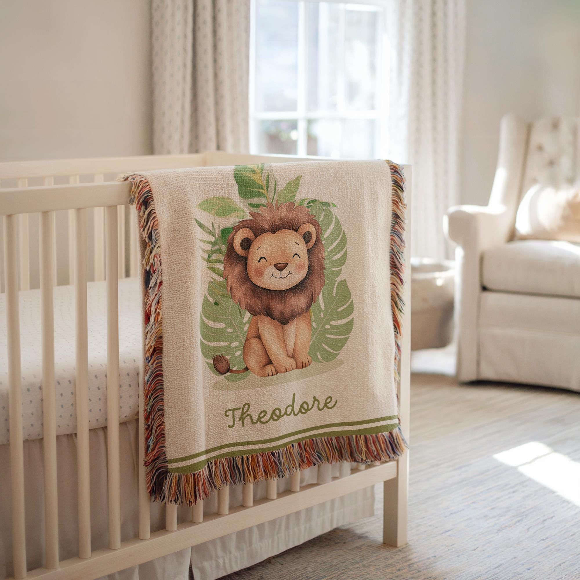 Personalized Woven Baby Blanket, Lion Safari Nursery Decor, Custom Baby ...