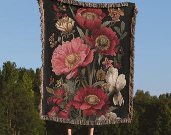Garden Floral Blanket, Woven Throw with Botanical Flowers, Gift for Nature Lover, Botanical Art, Cottagecore Decor, Vintage Floral Tapestry