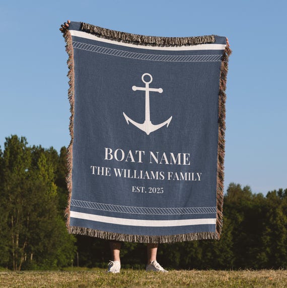 Captain Gift Personalized Boat Woven Blanket, Custom Nautical Throw with Name and Location, Sailor or Boat Owner Gift, Coastal Throw Blanket