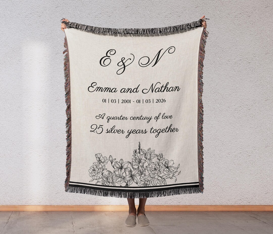 Personalized 25th Anniversary Woven Blanket With Names, Custom Silver ...