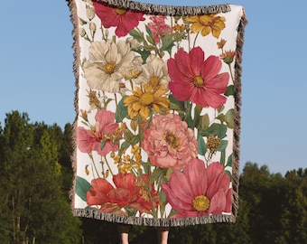 Botanical Floral Blanket, Garden Woven Throw, Elegant Vintage Flower Home Accent, Cotton Wildflower Throw, Cozy Cottagecore Tapestry