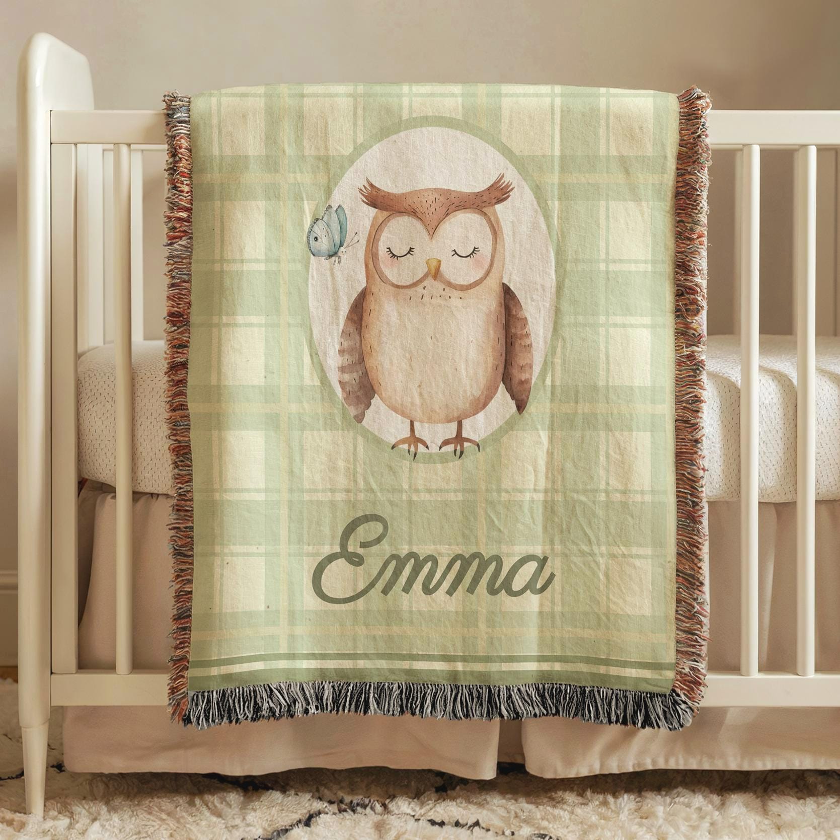 Personalized Owl Baby Blanket With Custom Name, Woodland Nursery Decor, Baby Shower Gift For Newborn