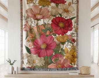 Floral Tapestry Throw, Cottage Aesthetic Wildflower Home Decor, Vintage Wildflower Throw, Cottagecore Blanket, Gift for Nature Lover
