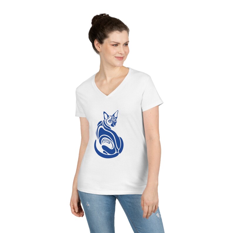 Blue Sphynx Cat Graphic Tee - V-Neck Cat Lover T-Shirt image 1