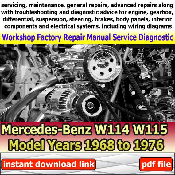 Factory service for W114 W115 Repair Manual Workshop electrical system with wiring diagram engine gearbox suspension 1968 to 1976