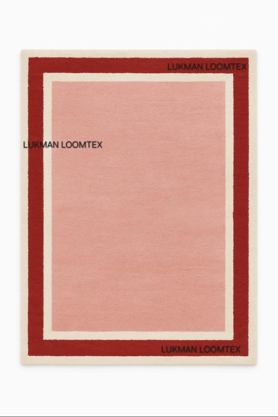 Hand Tufted Rose Pink Ivory Border Wool Rug, Modern Handmade Area Rug, Soft Plush Wool Carpet, Minimalist Living Room Rug, Custom Size Rug