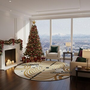 May include: A decorated Christmas tree with a gold star topper stands in a living room. Red ribbon and gold baubles adorn the tree. A round rug with a gold and white circular design is on the floor. A fireplace with garland and candles is on the left.