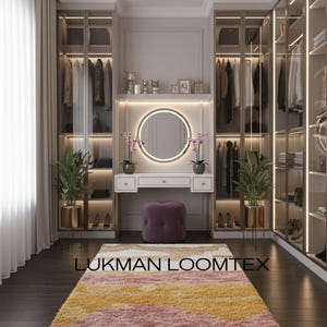 Dressing hallway, hand tufted wool shag rug runner, sunset-inspired color bands, soft thick plush area rug texture leading to vanity