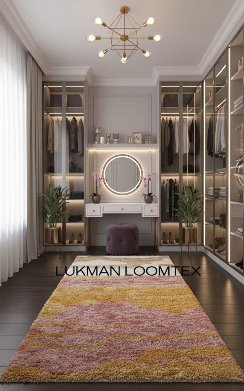 Dressing hallway, hand tufted wool shag rug runner, sunset-inspired color bands, soft thick plush area rug texture leading to vanity