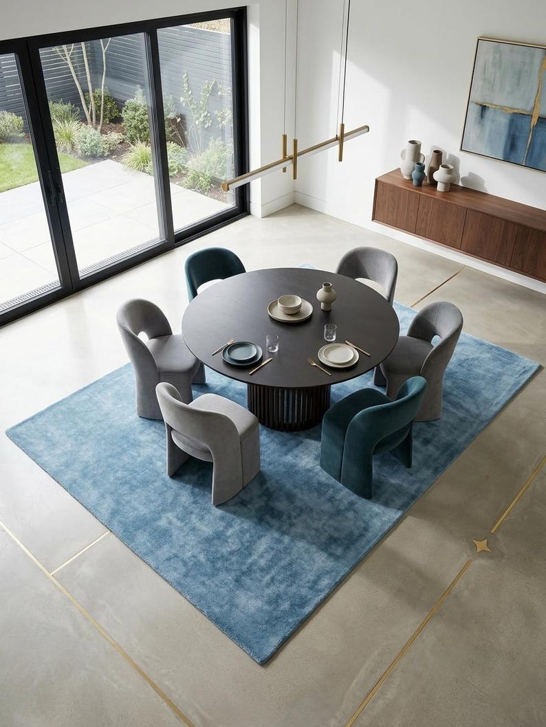 May include: A modern dining room set featuring a round dark wood table with six curved-back chairs in gray and teal. The table is set with plates and small bowls. The chairs sit on a large, light blue rug. A modern light fixture hangs above the table.