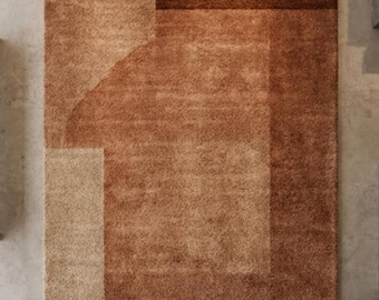 Hand-Tufted Wool Rug, Terracotta And Beige Geometric Area Rug, Modern Boho Carpet, Plush Wool Rug, 8x10 Rug, Custom Size Rug