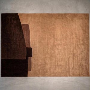 Copper and brown terracotta geometric rug variant, dense plush wool, subtle high low carving detail