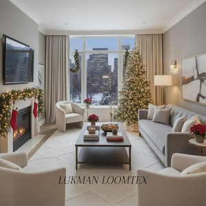 May include: A contemporary living room decorated for Christmas, featuring a lit Christmas tree, fireplace with stockings, and a grey sofa. The room has neutral tones with a city view. The text "LUKMAN LOOMTEX" is visible.