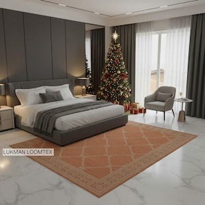May include: A bedroom scene with a large bed, Christmas tree, and patterned rug. The rug is rectangular with an orange and beige geometric design. The room has dark grey curtains and a marble floor. The rug's dimensions are approximately 200 cm x 300 cm.