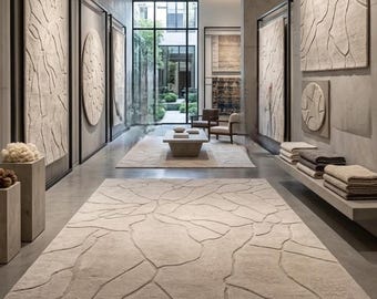 Hand Tufted Rug, Cream Abstract Design for Airy Living Rooms, Wool Mixed Pile Nordic Knots Texture