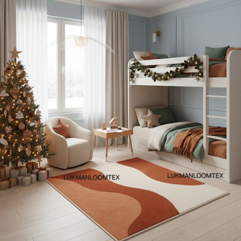 May include: A cozy bedroom scene with a Christmas tree, bunk beds, and a patterned rug. The rug features a wave design in shades of brown and cream. The room is decorated with neutral colors and festive accents, creating a warm and inviting atmosphere.