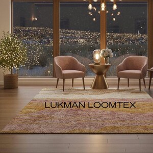 Formal sitting area, luxury designer wool rug with abstract horizon bands, warm tones living room rug, dense hand tufted texture