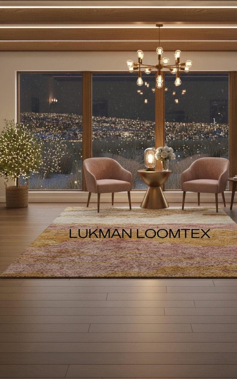 Formal sitting area, luxury designer wool rug with abstract horizon bands, warm tones living room rug, dense hand tufted texture