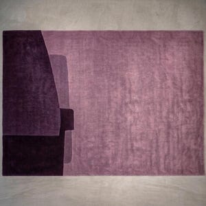 Lilac and plum modern wool area rug, abstract block layout, refined texture for upscale interiors