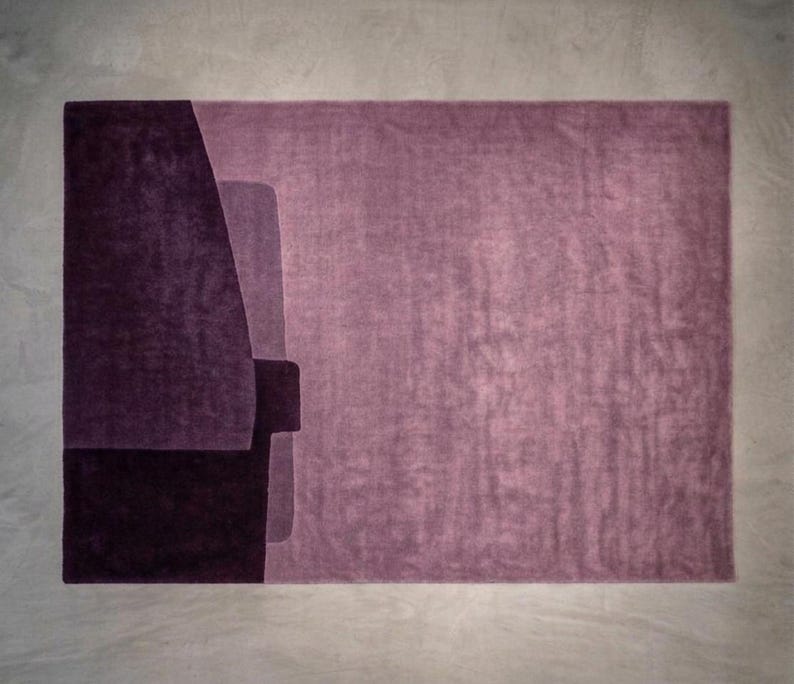 Lilac and plum modern wool area rug, abstract block layout, refined texture for upscale interiors