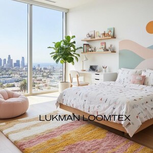 Sunlit bedroom nook, contemporary bedroom area rug by window, pink orange yellow shag rug with high-pile, soft thick plush feel