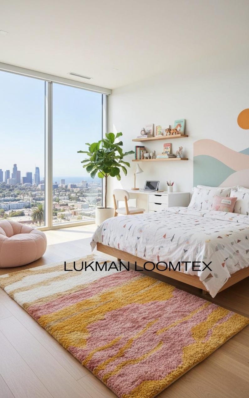 Sunlit bedroom nook, contemporary bedroom area rug by window, pink orange yellow shag rug with high-pile, soft thick plush feel