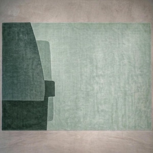 Cool mint teal modern wool area rug colorway, abstract geometric blocks, textured hand tufted finish