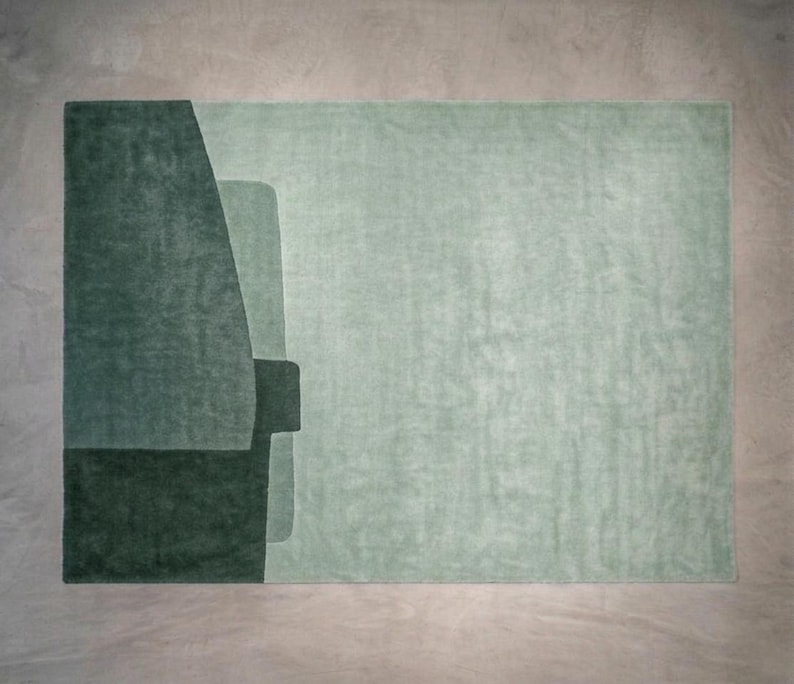 Cool mint teal modern wool area rug colorway, abstract geometric blocks, textured hand tufted finish