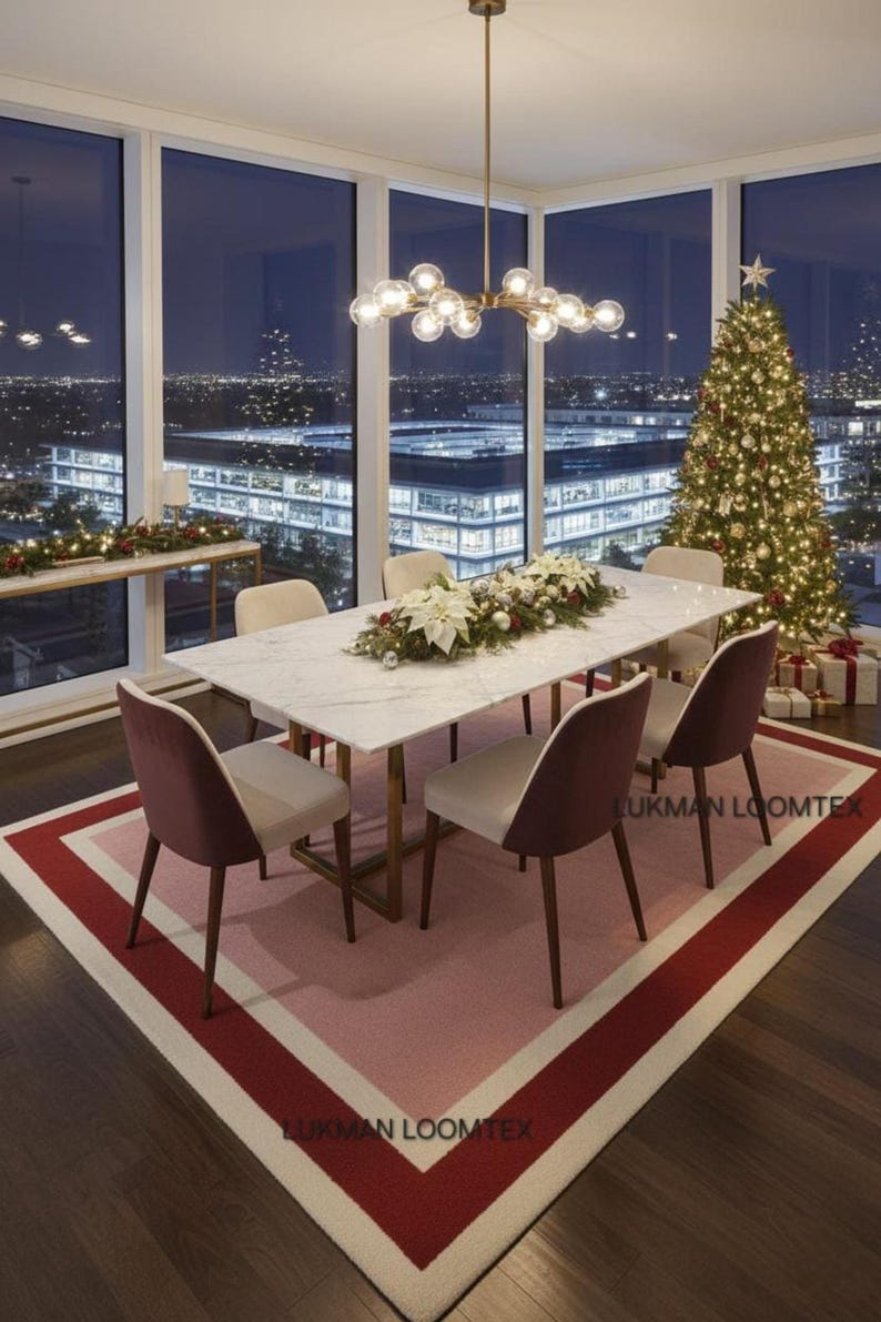 Evening dining with skyline view, pink wool area rug frames table, deep rose border adds drama.