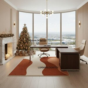 May include: A modern office space with a large window overlooking a cityscape. The room features a desk, a chair, and a rug with a unique design. A Christmas tree and fireplace add a festive touch. The rug has the text "LUKMANLOOMTEX".
