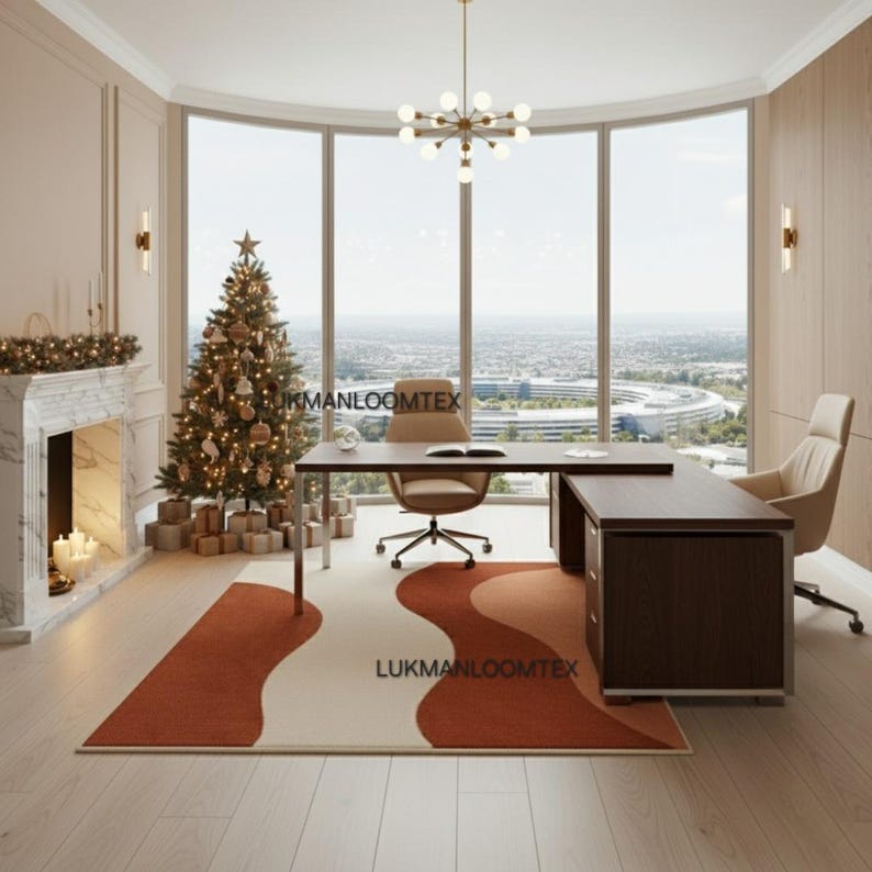 May include: A modern office space with a large window overlooking a cityscape. The room features a desk, a chair, and a rug with a unique design. A Christmas tree and fireplace add a festive touch. The rug has the text "LUKMANLOOMTEX".