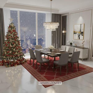 May include: A dining room scene featuring a decorated Christmas tree, a rectangular wooden dining table, and six grey upholstered chairs. A red patterned rug covers the floor. A large window overlooks a snowy cityscape. A chandelier hangs above the table.