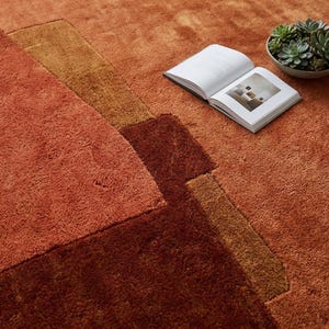 Close-up hand tufted wool rug, rich terracotta and rust blocks, dense plush pile and carving detail