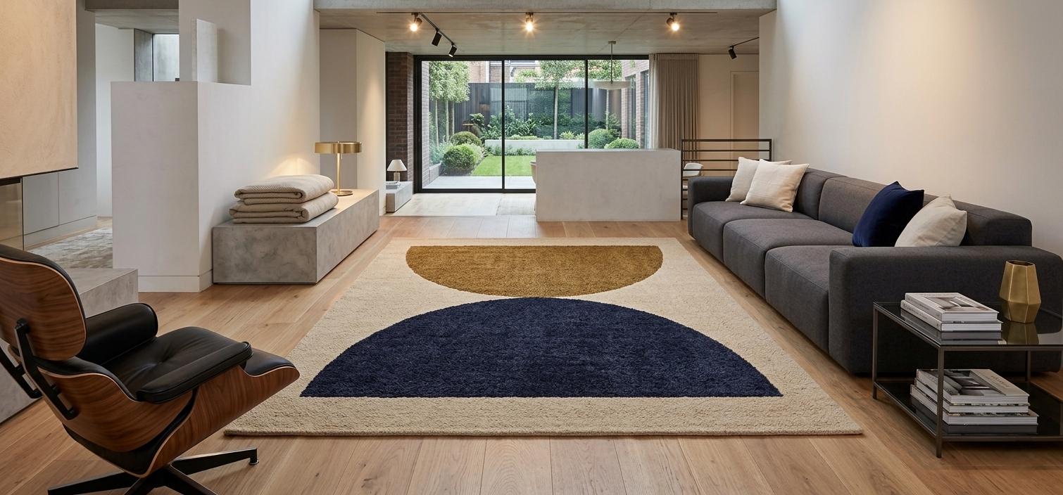 Hand Tufted Wool Area Rug – Navy Blue Mustard Gold Geometric Mid ...