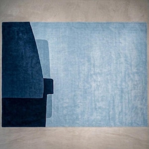 Pale aqua modern wool area rug, serene geometric blocks, minimalist abstract rug with soft texture