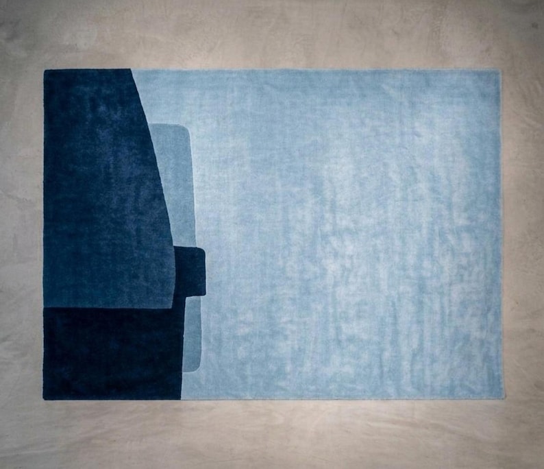 Pale aqua modern wool area rug, serene geometric blocks, minimalist abstract rug with soft texture