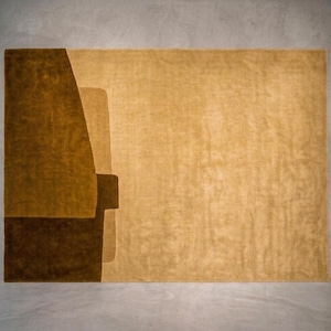 Warm mustard and gold colorway, modern wool area rug with minimalist geometric block composition